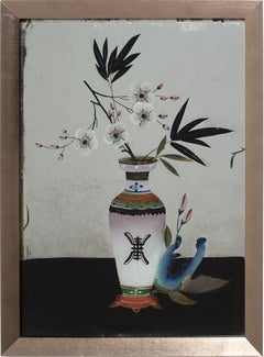 Chinese Reverse Glass Plum Blossom Still Life, c. 1900