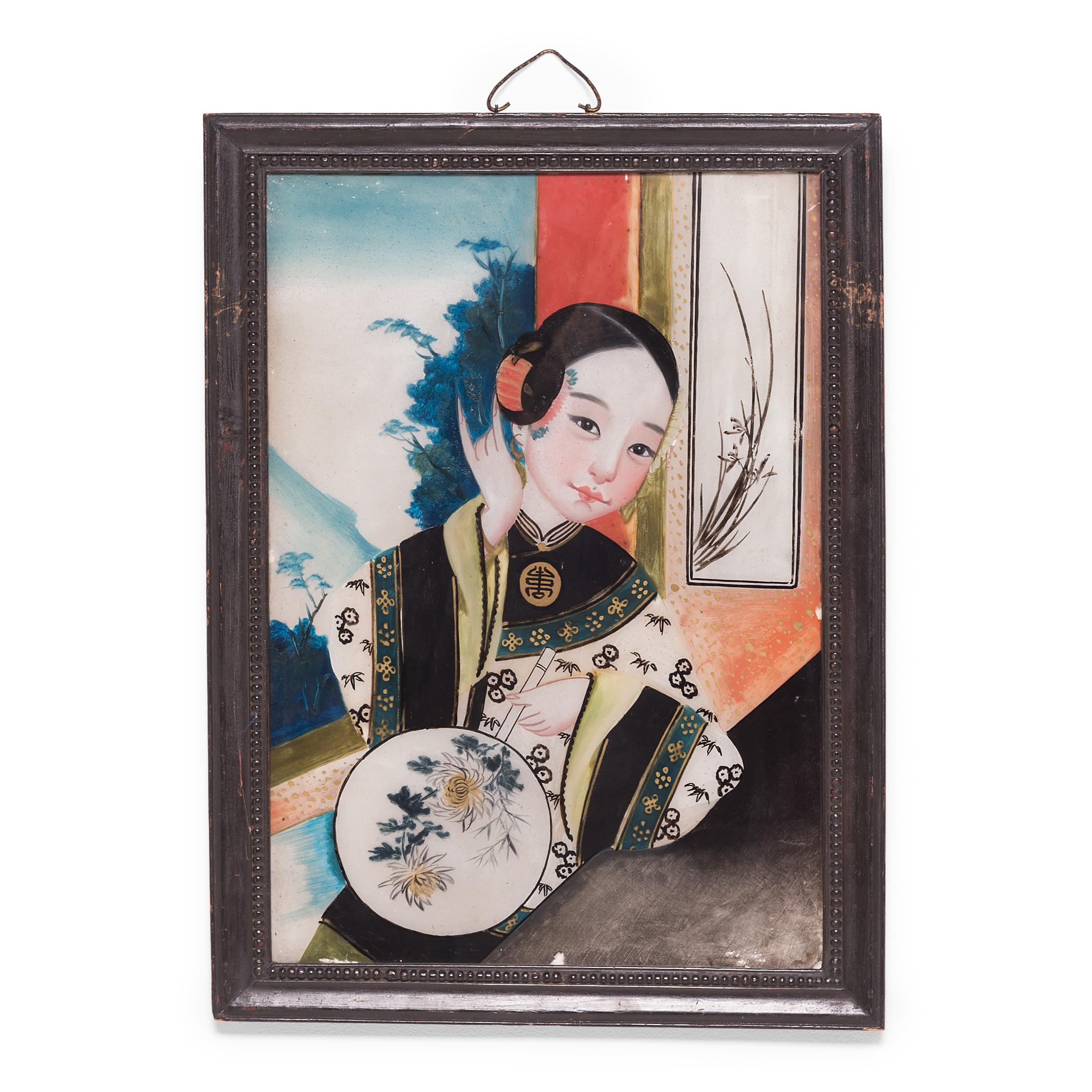 Portrait chinois en verre inversé d'une jeune femme, vers 1900 - Painting de Unknown