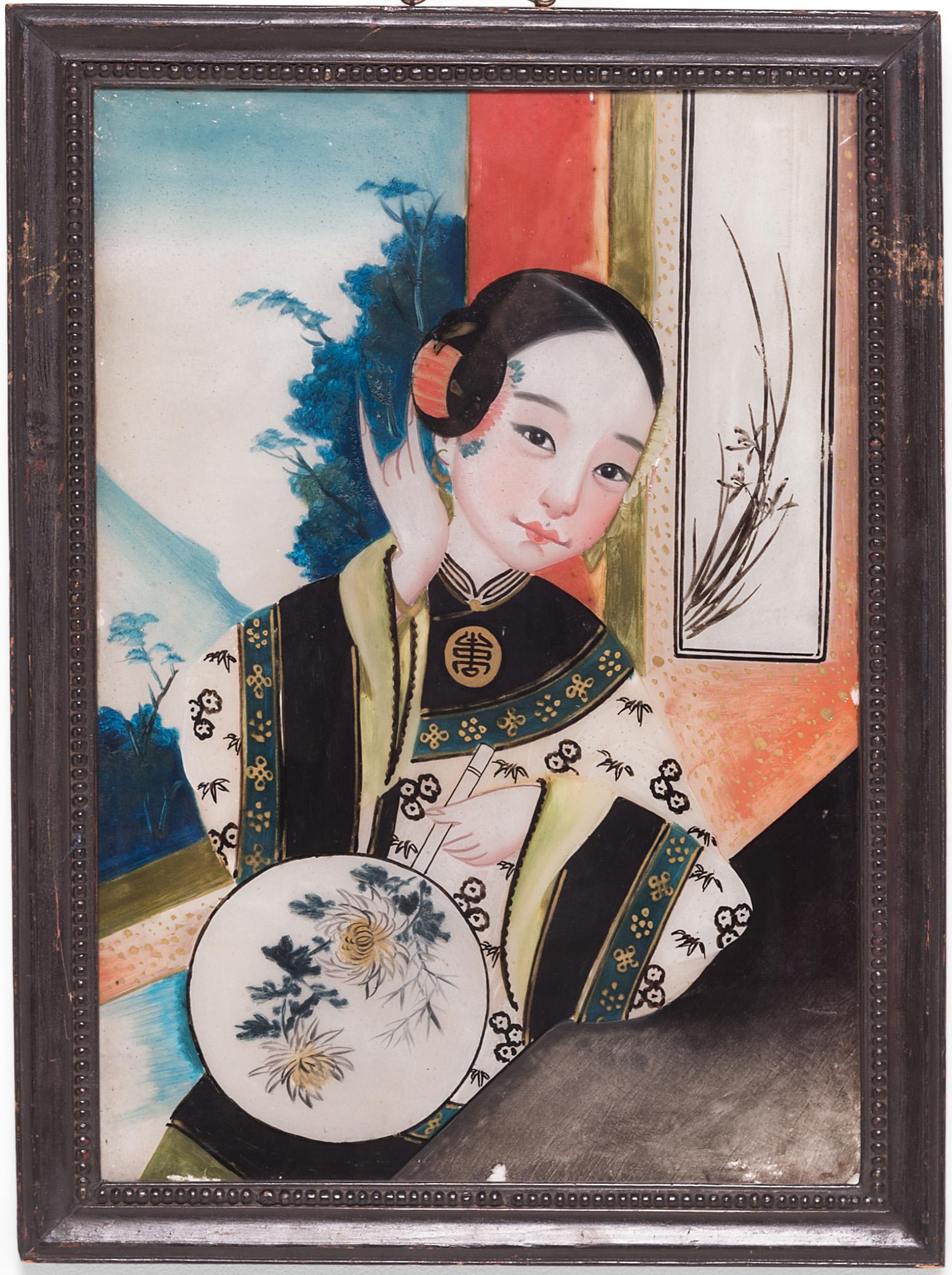 Portrait Painting Unknown - Portrait chinois en verre inversé d'une jeune femme, vers 1900