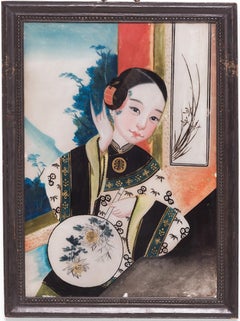 Chinese Reverse Glass Portrait of a Young Woman, Qing Dynasty