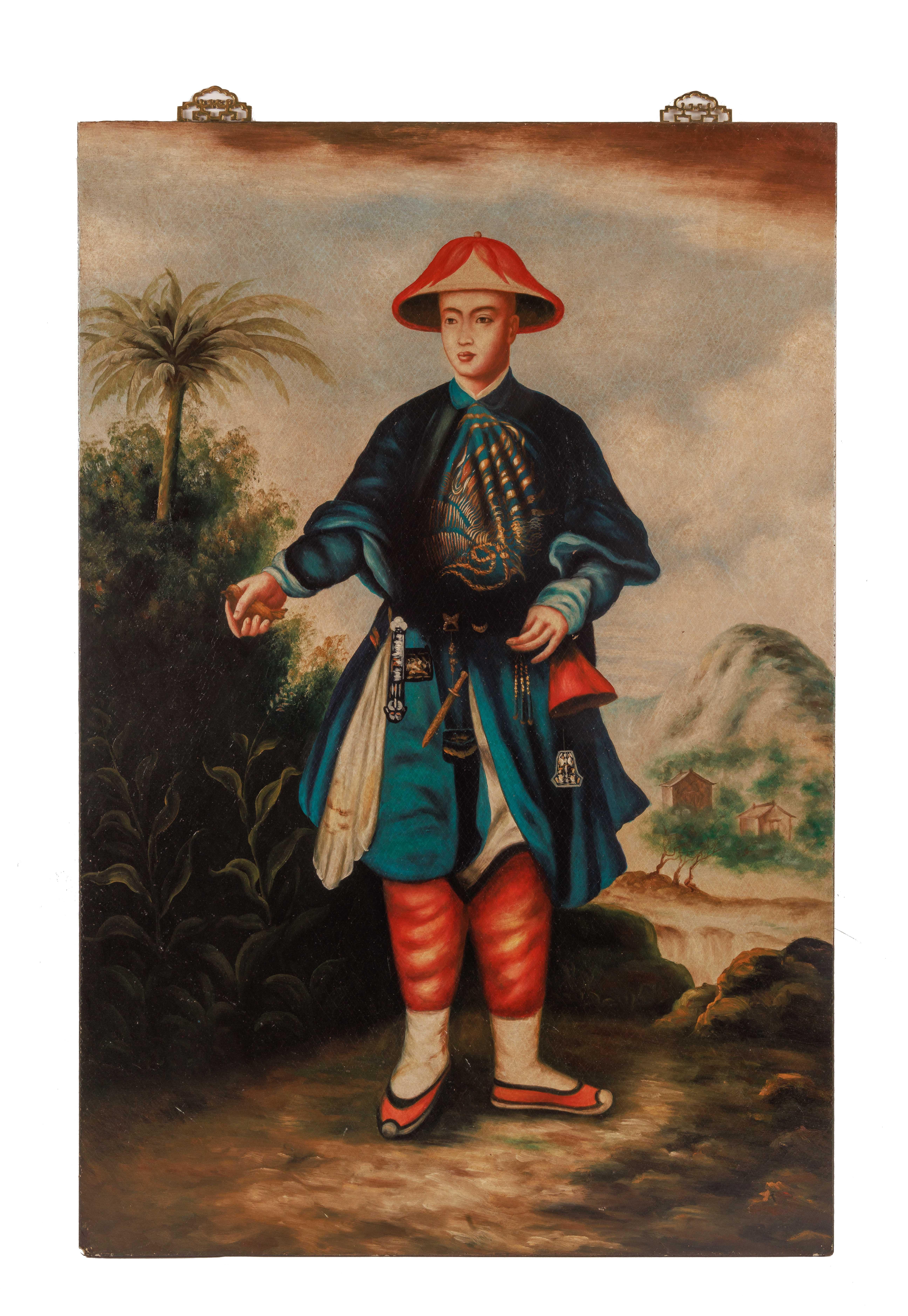 Unknown Portrait Painting - (Chinese School, 19th Century) A Large Portrait of An "Emperor Holding A Bird"