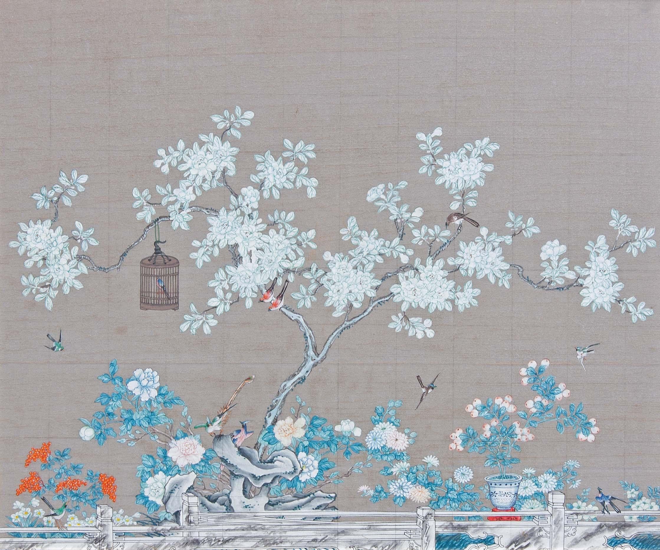 Chinesische Schule  Gouache-Malerei  In geschnitztem und bemaltem Rahmen, ca. 1940er Jahre – Painting von Unknown