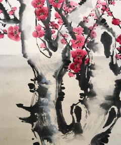 'Chinese Scroll – Reddish Ume Tree, ' by Unknown, Watercolor Silk Painting