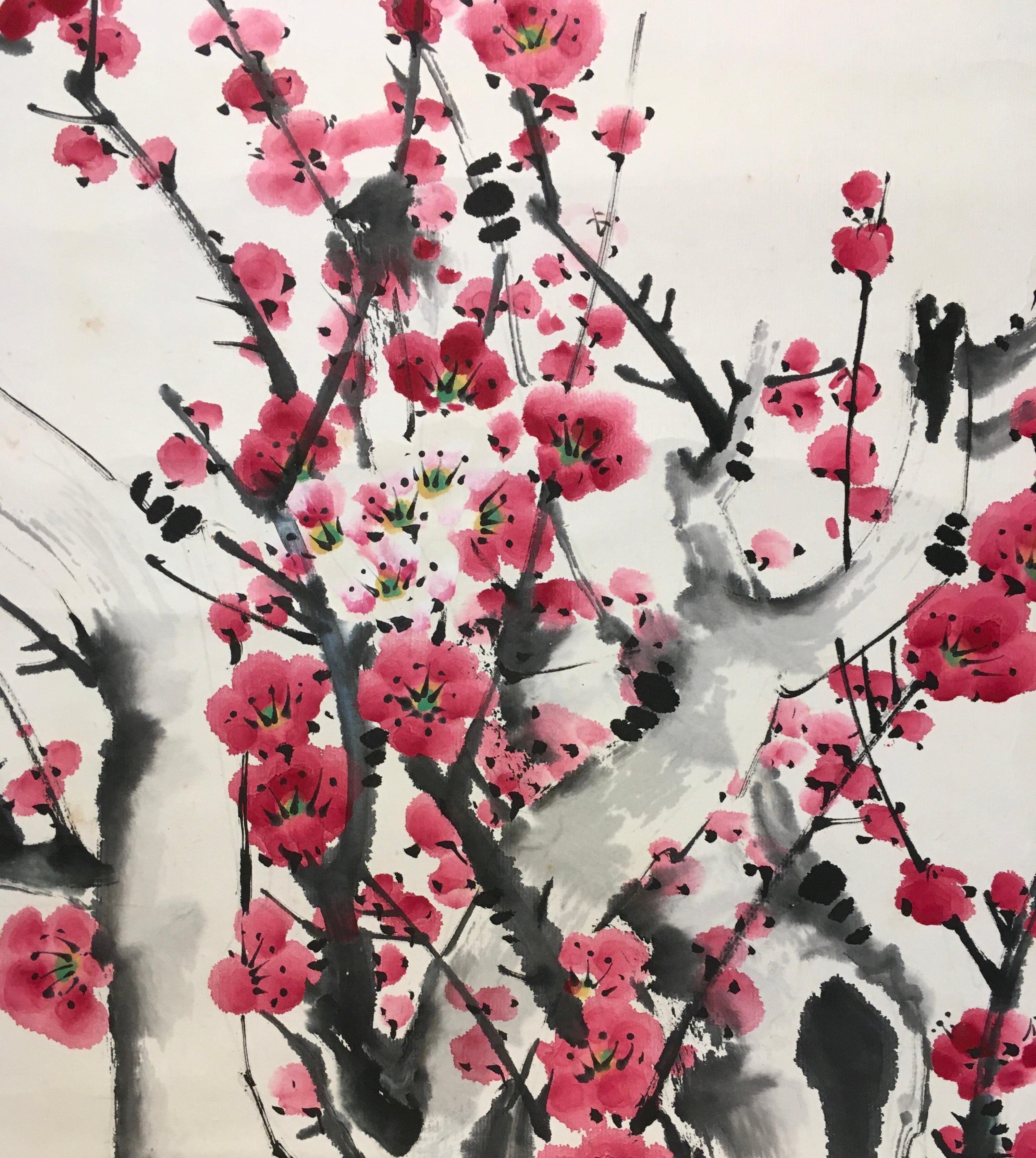 Pergamino chino - Árbol Ume rojizo, ' de Desconocido, Pintura sobre seda en acuarela - Painting Otro estilo de arte de Unknown