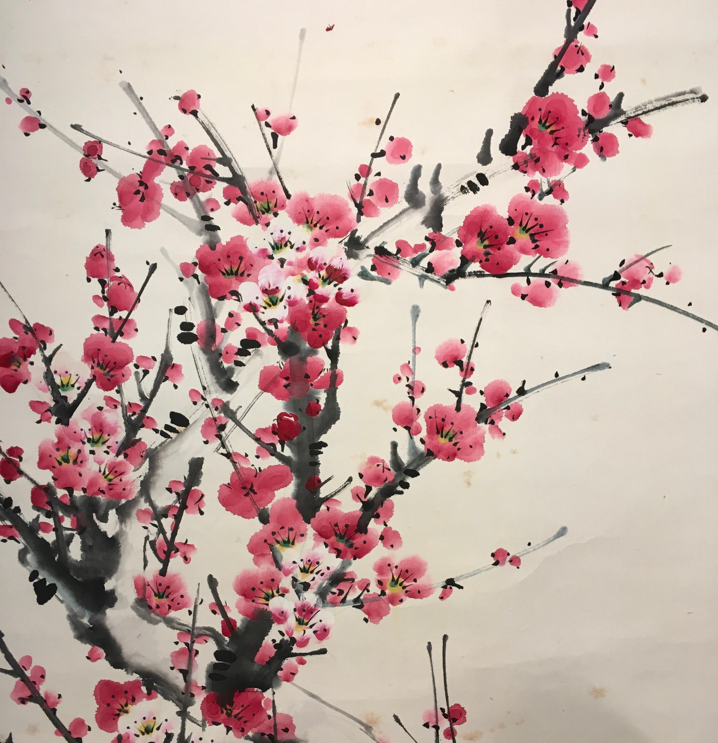 'Chinese Scroll – Reddish Ume Tree, ' by Unknown, Watercolor Silk Painting  1
