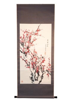Antique 'Chinese Scroll – Reddish Ume Tree, ' by Unknown, Watercolor Silk Painting 