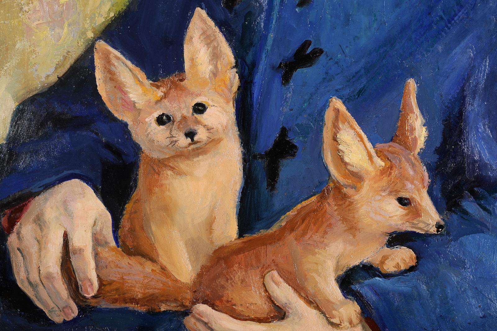 Portrait d'une femme chinoise avec deux renards fennecs - Noir Portrait Painting par Unknown