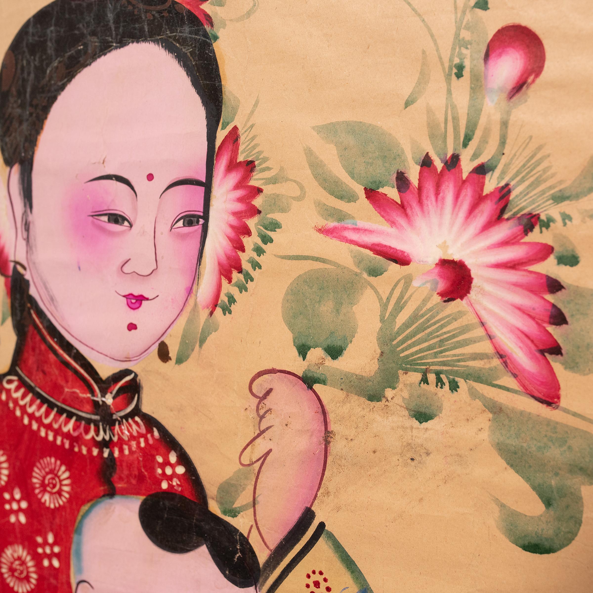 Chinese New Year paintings (nian hua) are colorful folk paintings created to celebrate the annual Spring Festival. Drawn or printed by folk artists in regional studios, nian hua paintings featured exaggerated characters with bright and contrasting