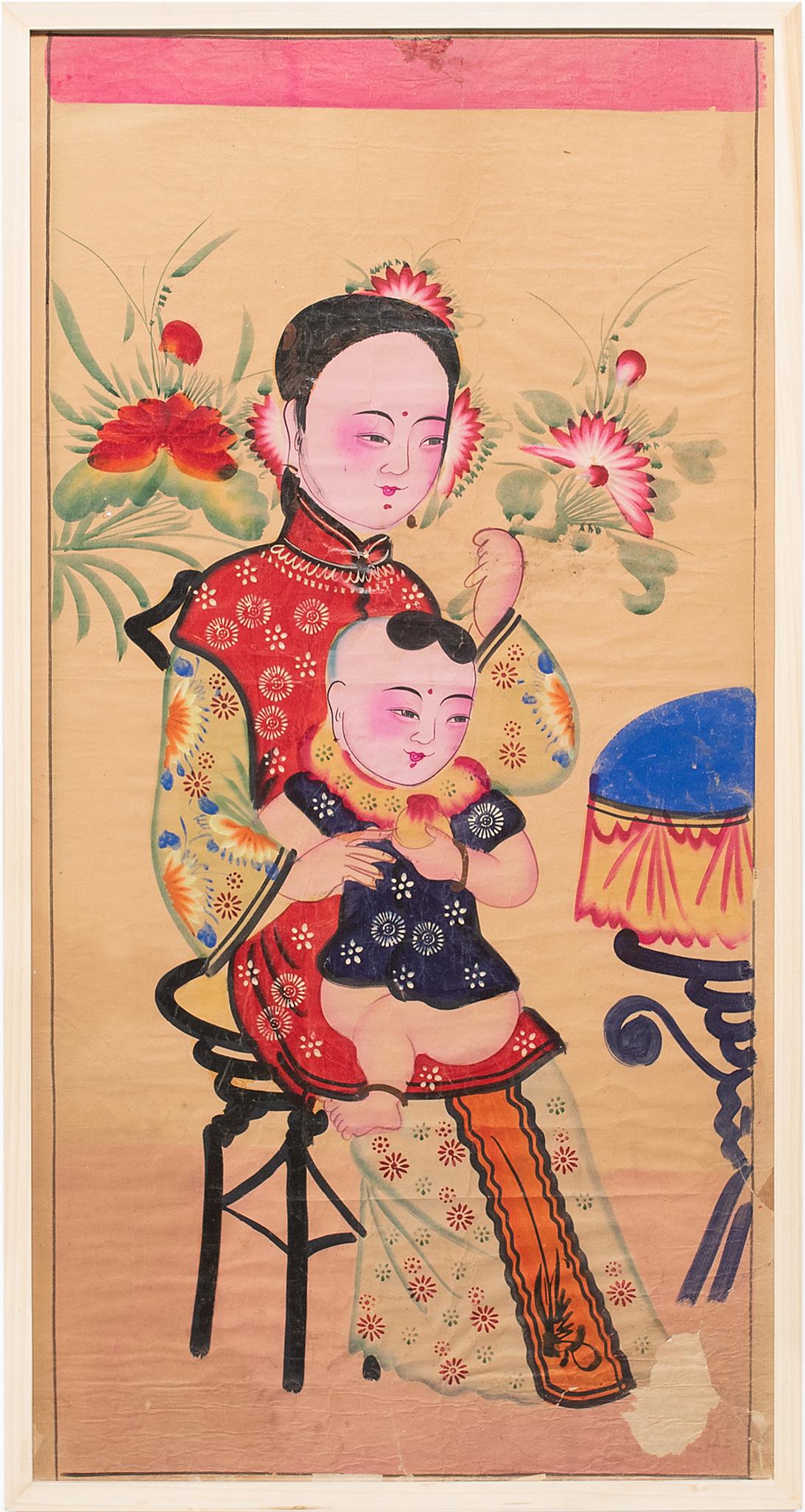 Figurative Painting Unknown - Yangliuqing - Peinture de l'année du Nouvel An Longevity, vers 1920