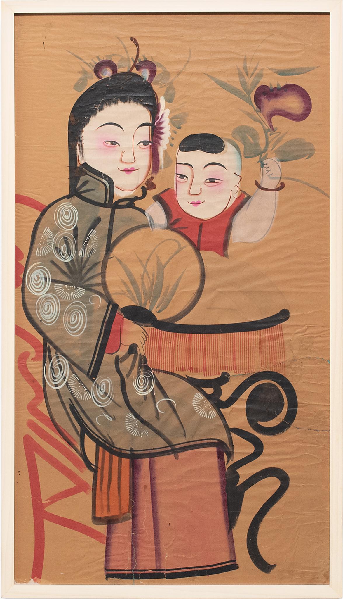 Chinese Yangliuqing New Year Painting of Beauty and Baby, c. 1920