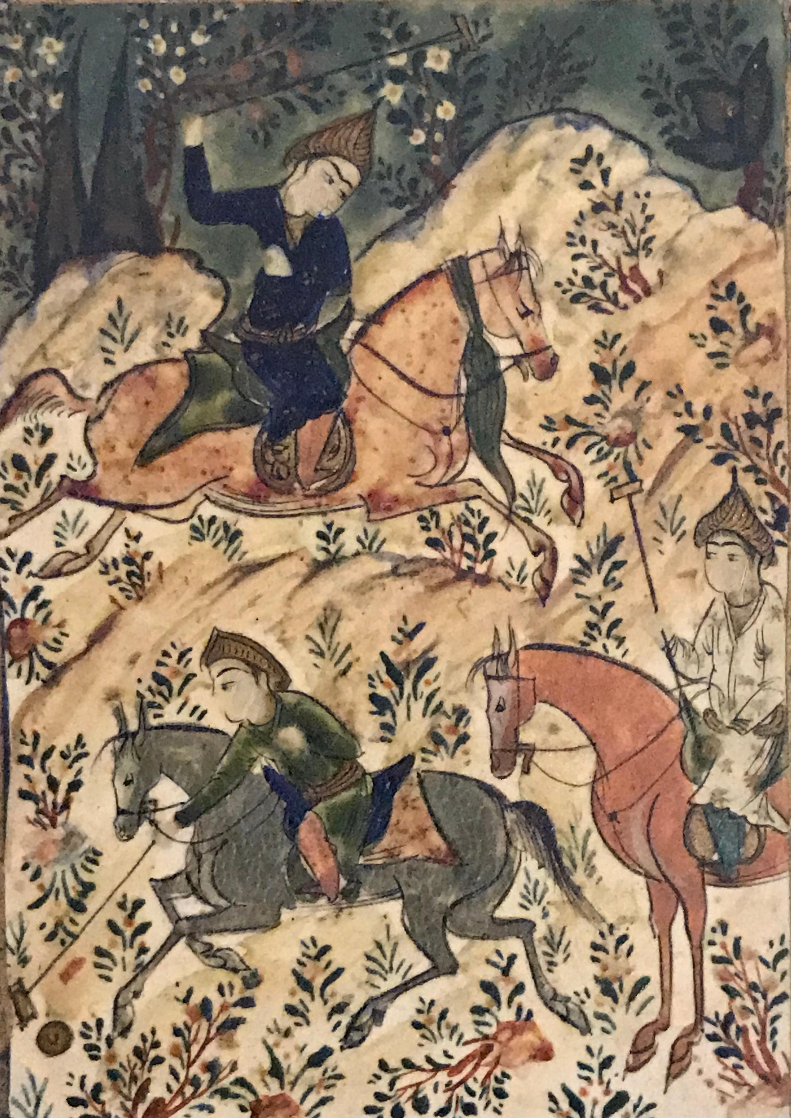 Very finely painted Persian figurative scene of men or horseback playing the ancient game of chogan, now called polo.  Unsigned. Circa 1930. Egg tempera on thick card panel stock. Lacquered verso. Stamped “Made in Iran” verso which dates the artwork