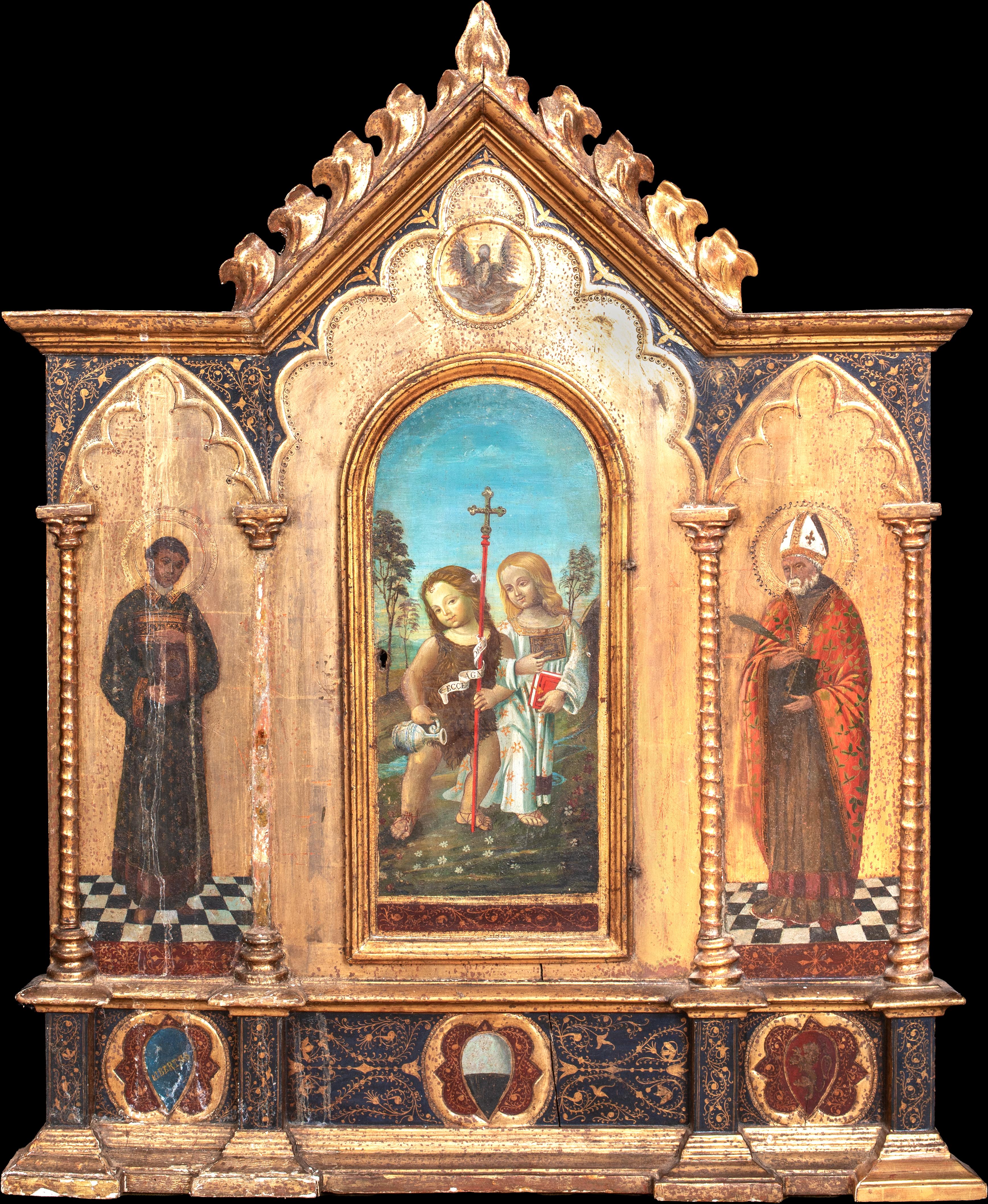 Christ and John the Baptist the Apostle Peter Saint Augustine of Hippo TRIPTYCH - Painting by Unknown