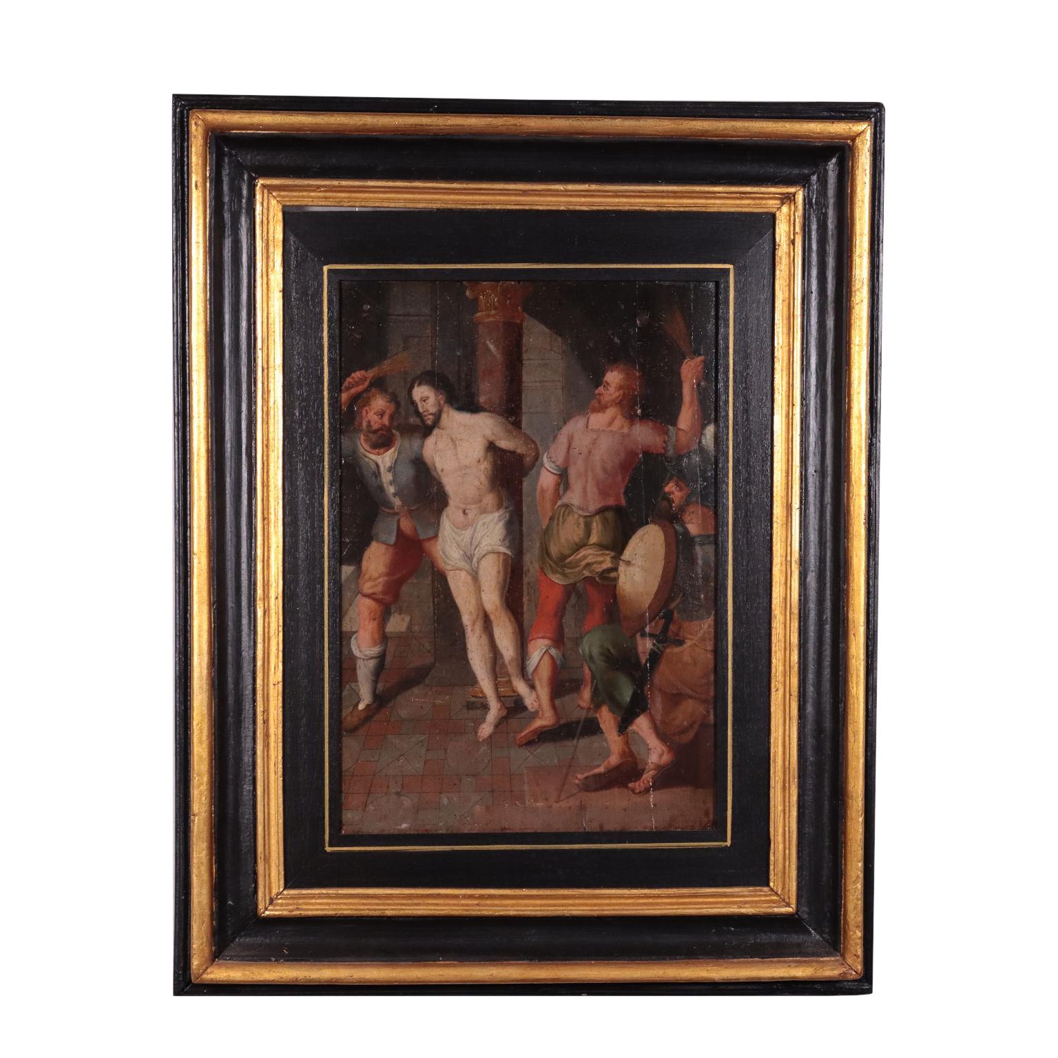 Unknown Figurative Painting - Christ At The Column North European School Oil On Oak 16th Century