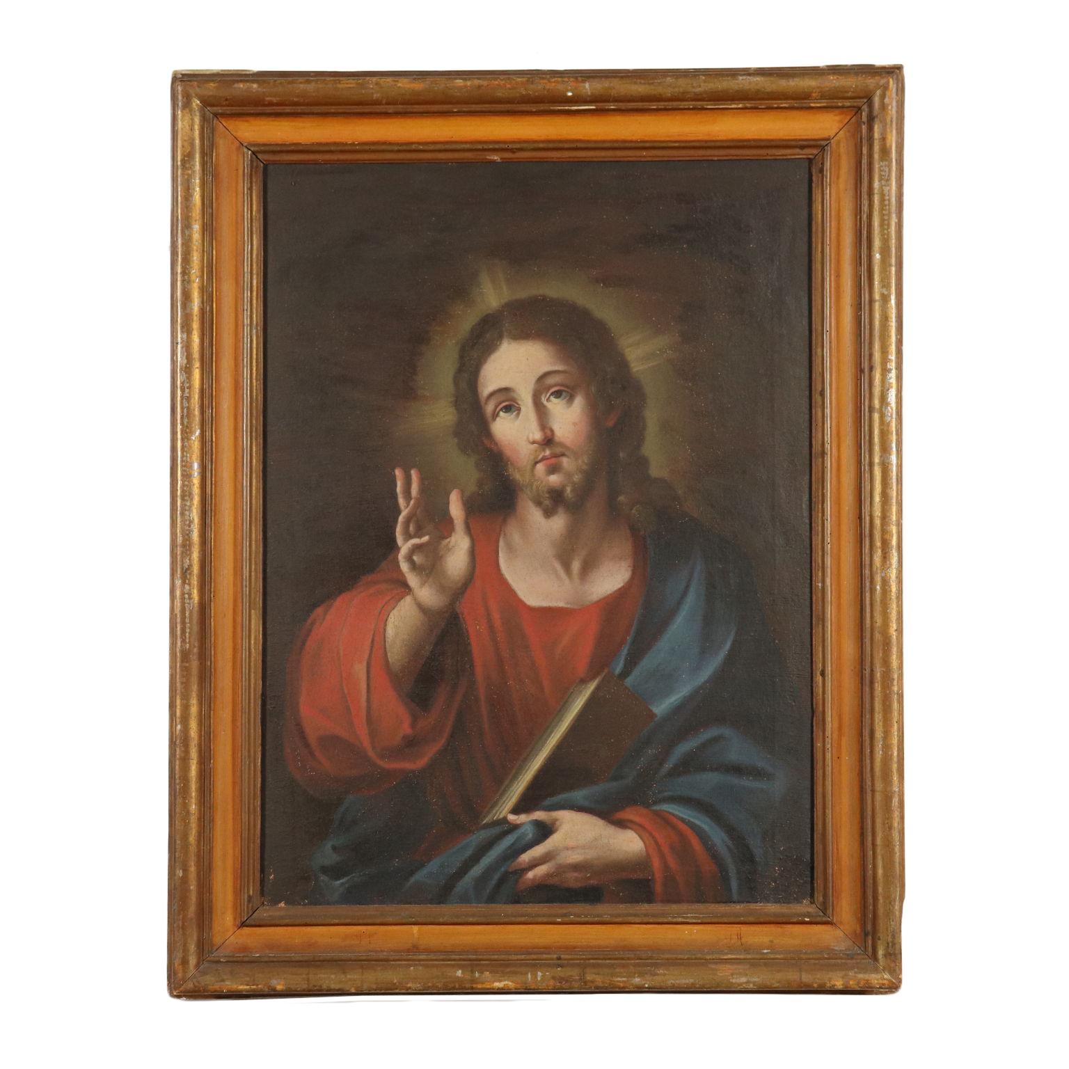 Unknown Figurative Painting - Christ Blessing Oil on Canvas Italian School 17th Century