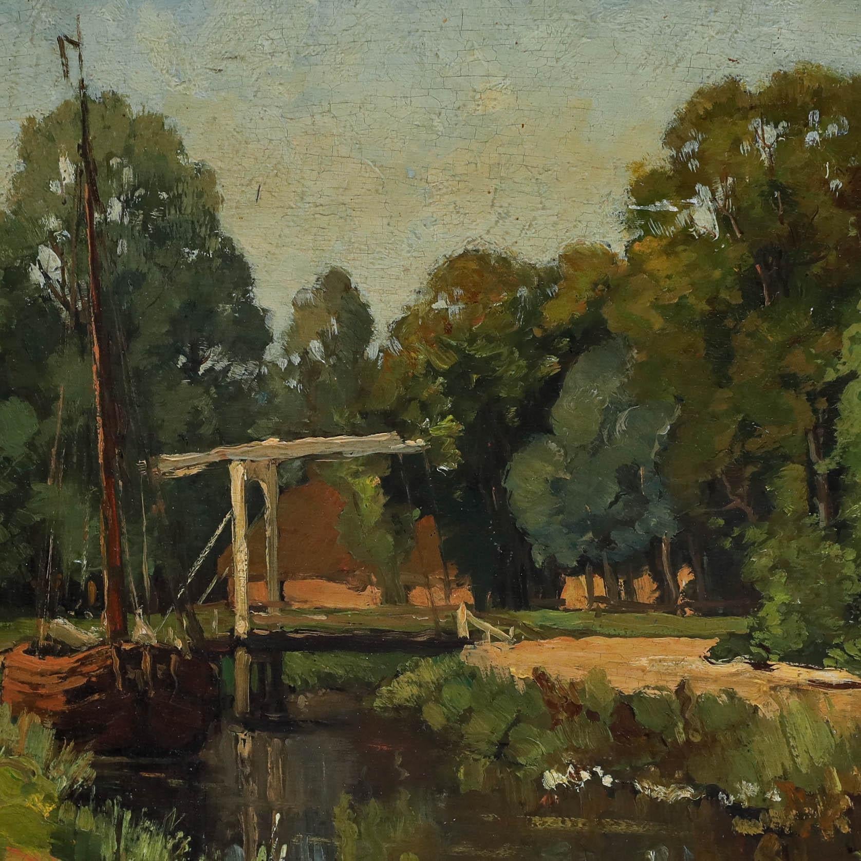 An atmospheric Dutch landscape depicting a sailing boat moored on a calm river, before a rural drawbridge crossing. Well presented in a gilt effect frame with a dramatic scrolling acanthus moulding to the profile. Signed lower right. Dated 1906. On