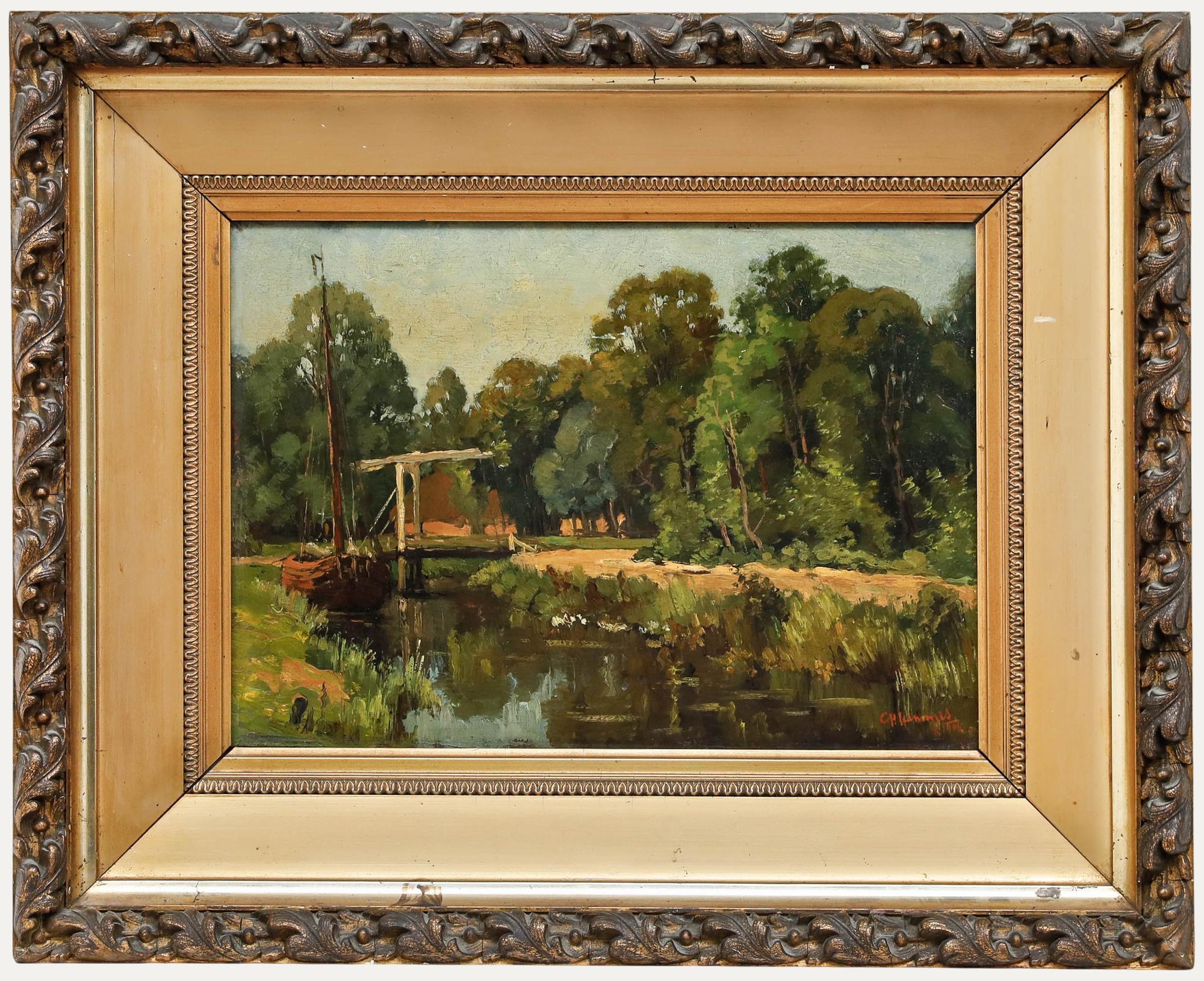 Unknown Landscape Painting - Christiaan Hendrik Hammes (1872-1965) - Framed Oil, The Dutch Drawbridge