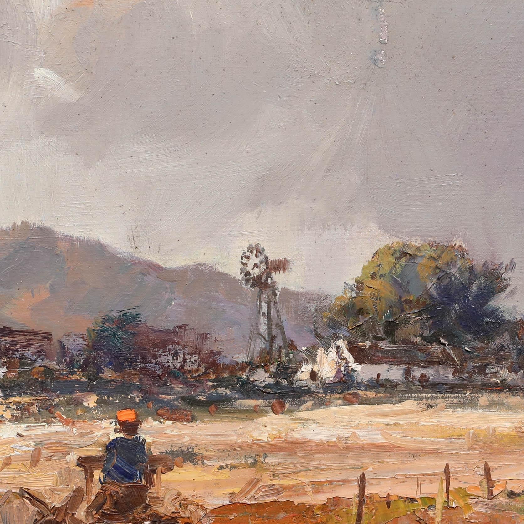 Ce paysage rural évocateur capture la sérénité de la vie à la campagne avec ses champs étendus et ses montagnes lointaines. Au premier plan, on peut voir un personnage se déplaçant en charrette tirée par un âne en direction de la ville qui se trouve