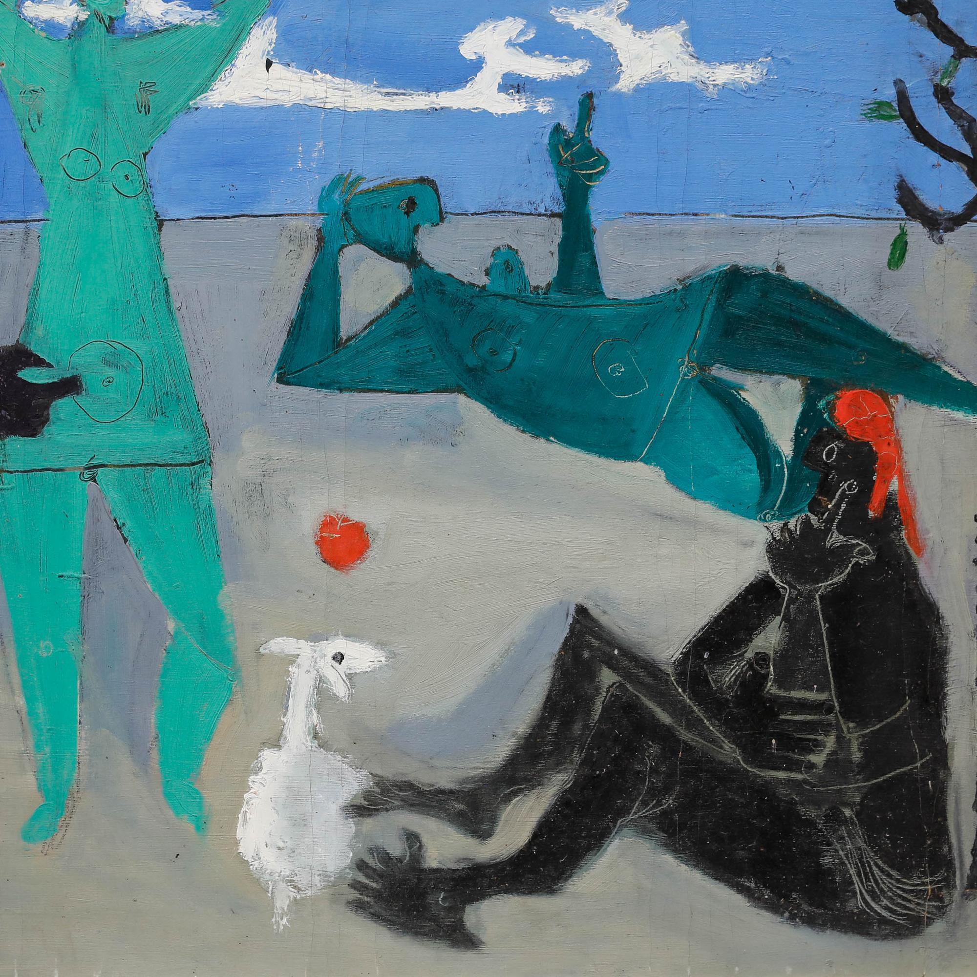 Ein lebhaftes Öl des Künstlers Christian Julia (1921-1991) aus der Mitte des 20. Jahrhunderts, das einen Kreis diskutierender Figuren zeigt. Signiert unten rechts. Gut präsentiert in substanziellen schwarzen Rahmen mit einem silbernen Slip. Auf