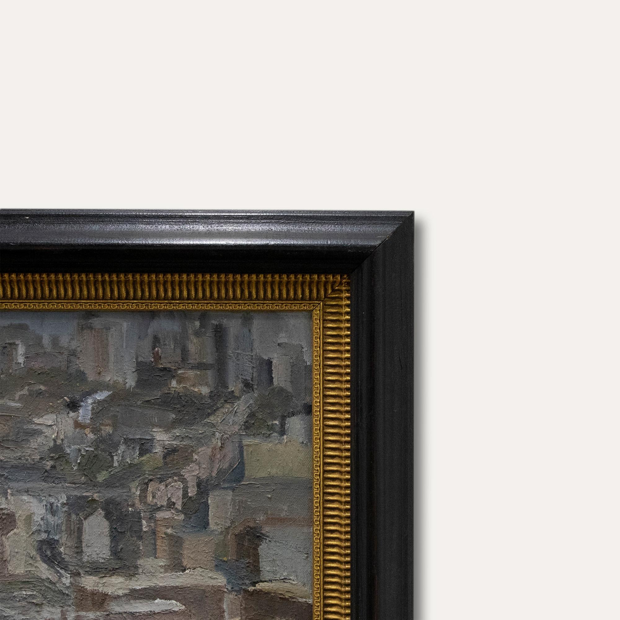 A charming abstract scene depicting a landscape in blue and grey tones. Inscribed verso. Presented in a black wooden frame with a fluted gilt slip.