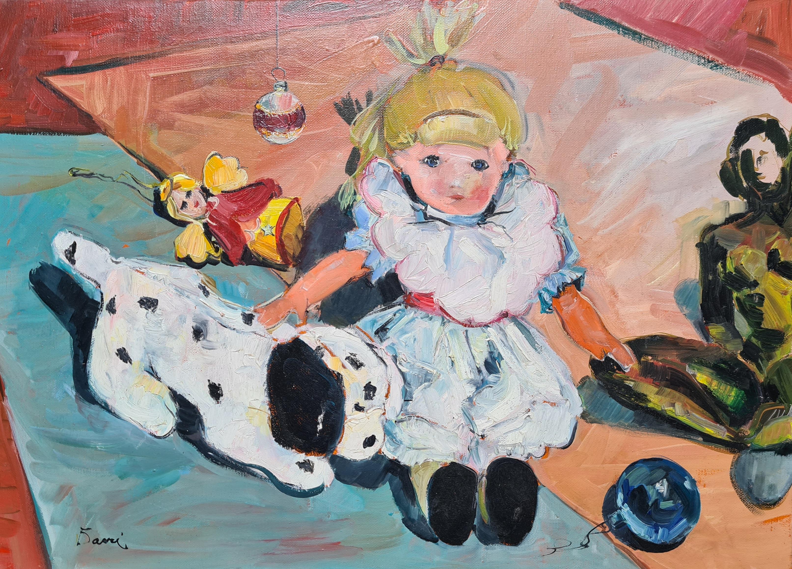 'Christmas is a Coming', French Oil on Canvas Painting of Toys and Decorations.