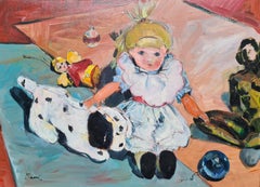 Vintage 'Christmas is a Coming', French Oil on Canvas Painting of Toys and Decorations.