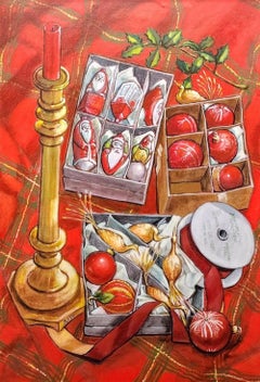 Christmas Ornaments, Vintage Holiday Still Life, Santa Claus, Christmas Tree