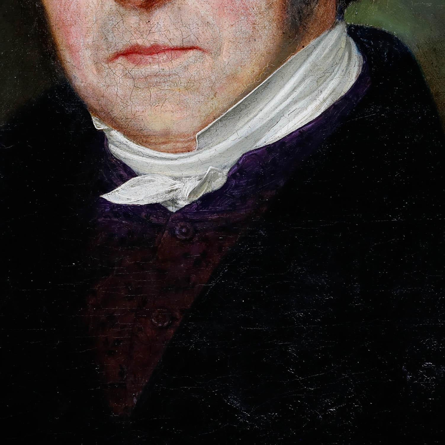 Dieses formale Porträt zeigt einen vornehmen Herrn aus dem frühen 19. Jahrhundert, der in der Tradition des klassischen Realismus dargestellt ist, wobei die Gesichtszüge und der Charakter sorgfältig herausgearbeitet wurden. Das Motiv ist vor einem