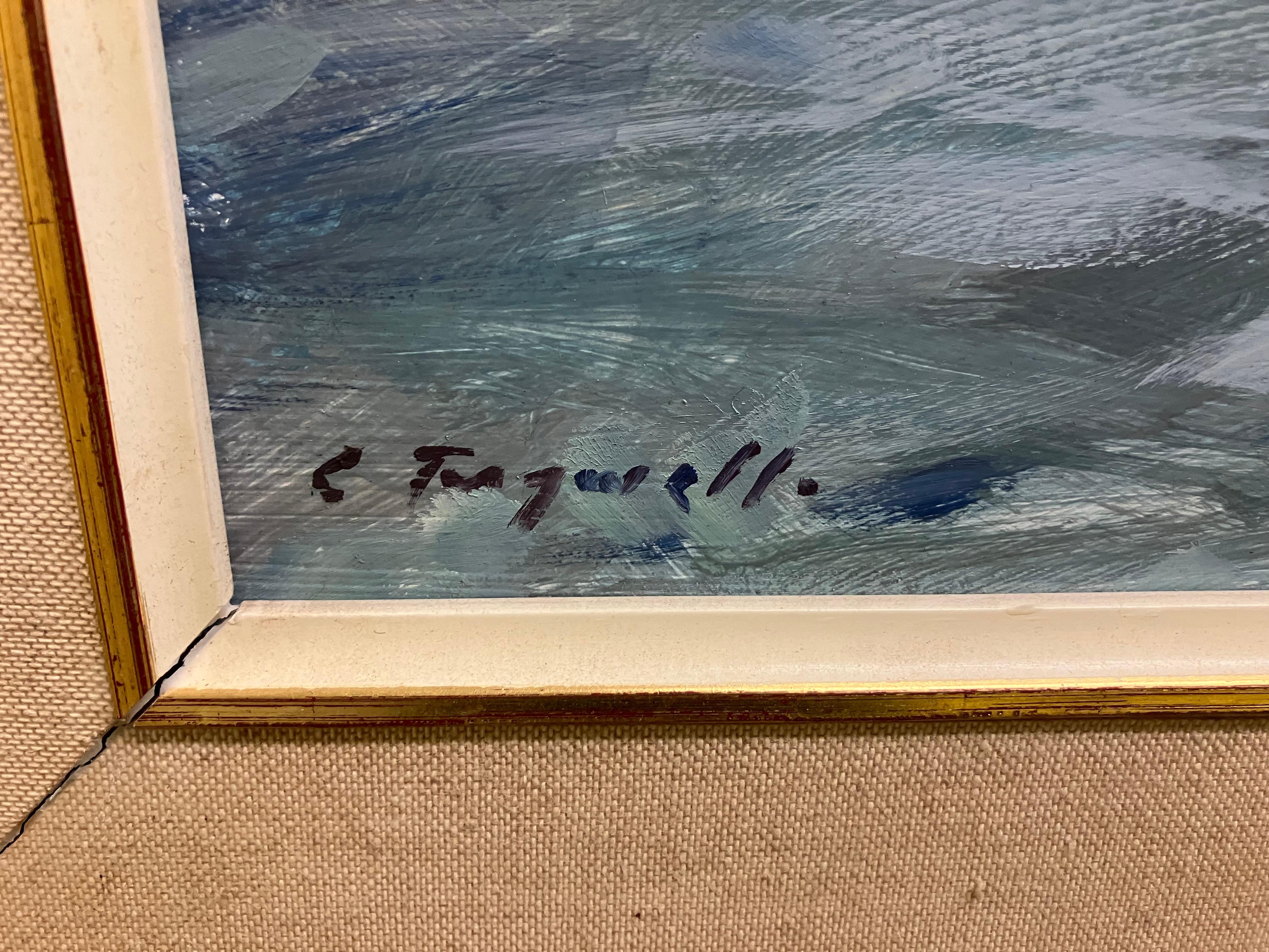 Christopher Tugwell: 1938-2021. Very well listed South African artist. He has Auction results over $7000. This striking oil on the board was most likely painted in the 1960s or 70s. The painting measures 20 inches wide by 16 inches high. The frame
