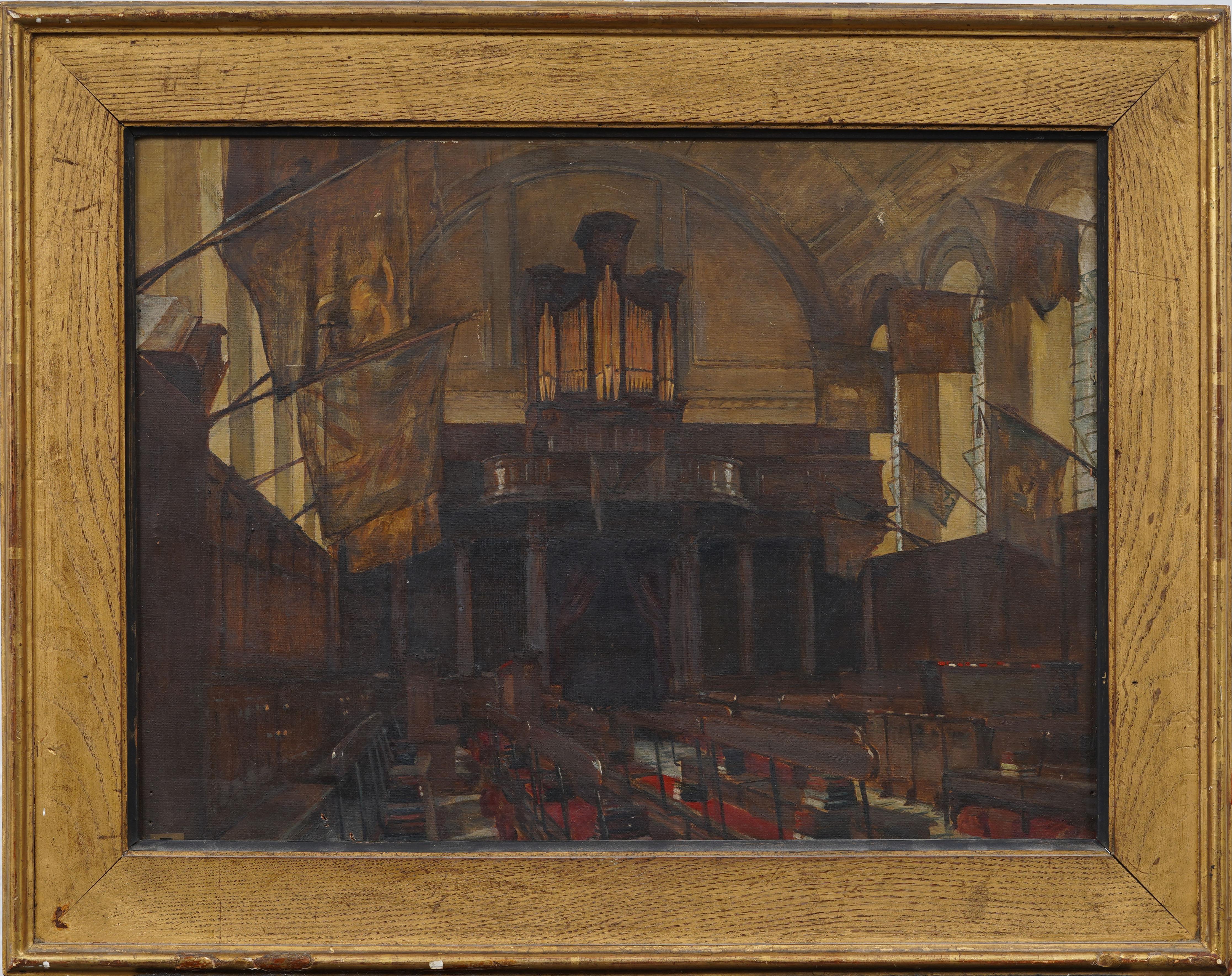 Church Interior Framed Finely Painted Realist 19th Century Original Oil Painting