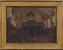 Church Interior Framed Finely Painted Realist 19th Century Original Oil Painting