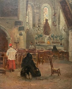 Church Interior, Oil On Cardboard, Early 20th Century