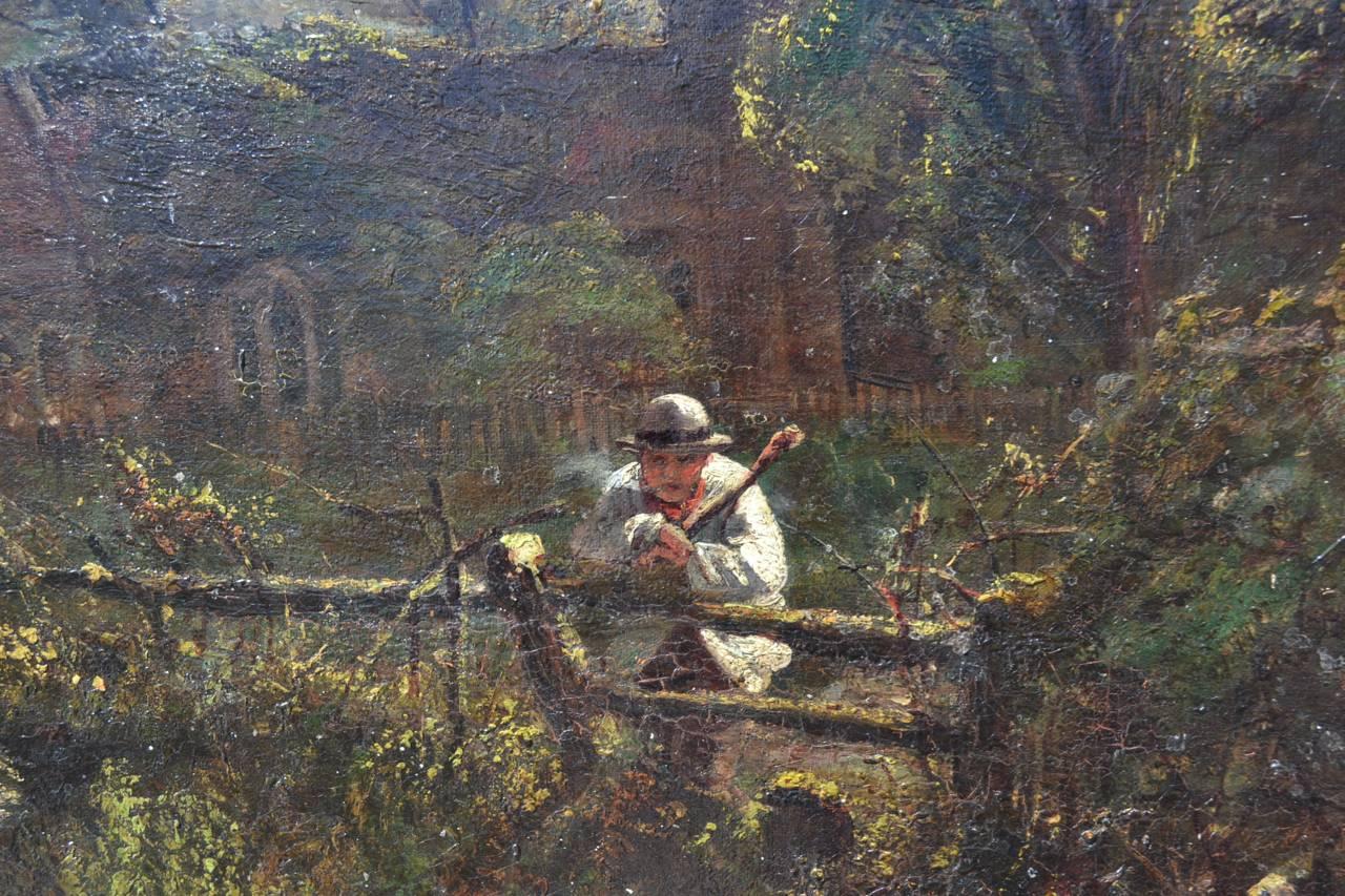 El Patio de la Iglesia al Atardecer.  Pintura al óleo de paisajes ingleses victorianos - Painting de Unknown