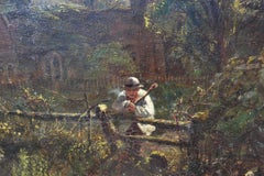 Churchyard At Dusk.  Victorian English Landscape Oil Painting