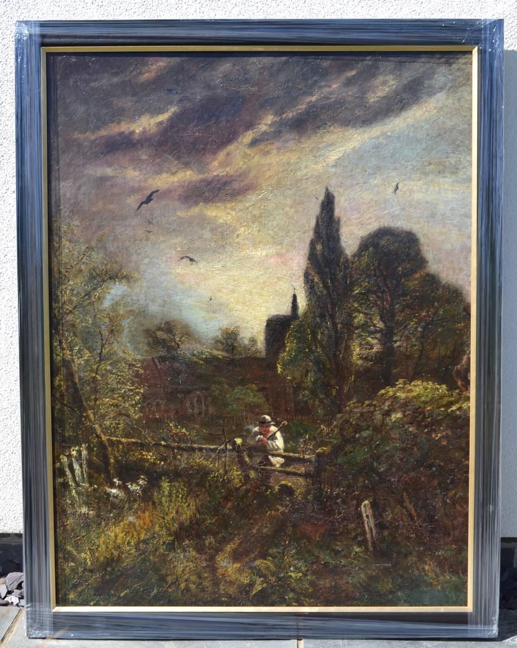 El Patio de la Iglesia al Atardecer.  Pintura al óleo de paisajes ingleses victorianos - Landscape Painting Gris de Unknown