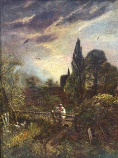 Antique Churchyard At Dusk.  Victorian English Landscape Oil Painting