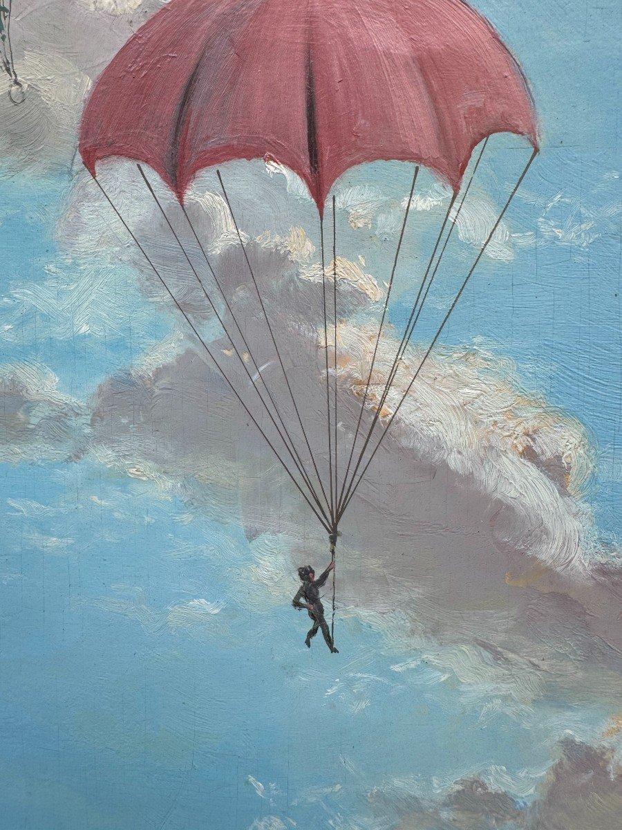 Circa 1900, Le départ des ballons d'aviation - Noir Figurative Painting par Unknown
