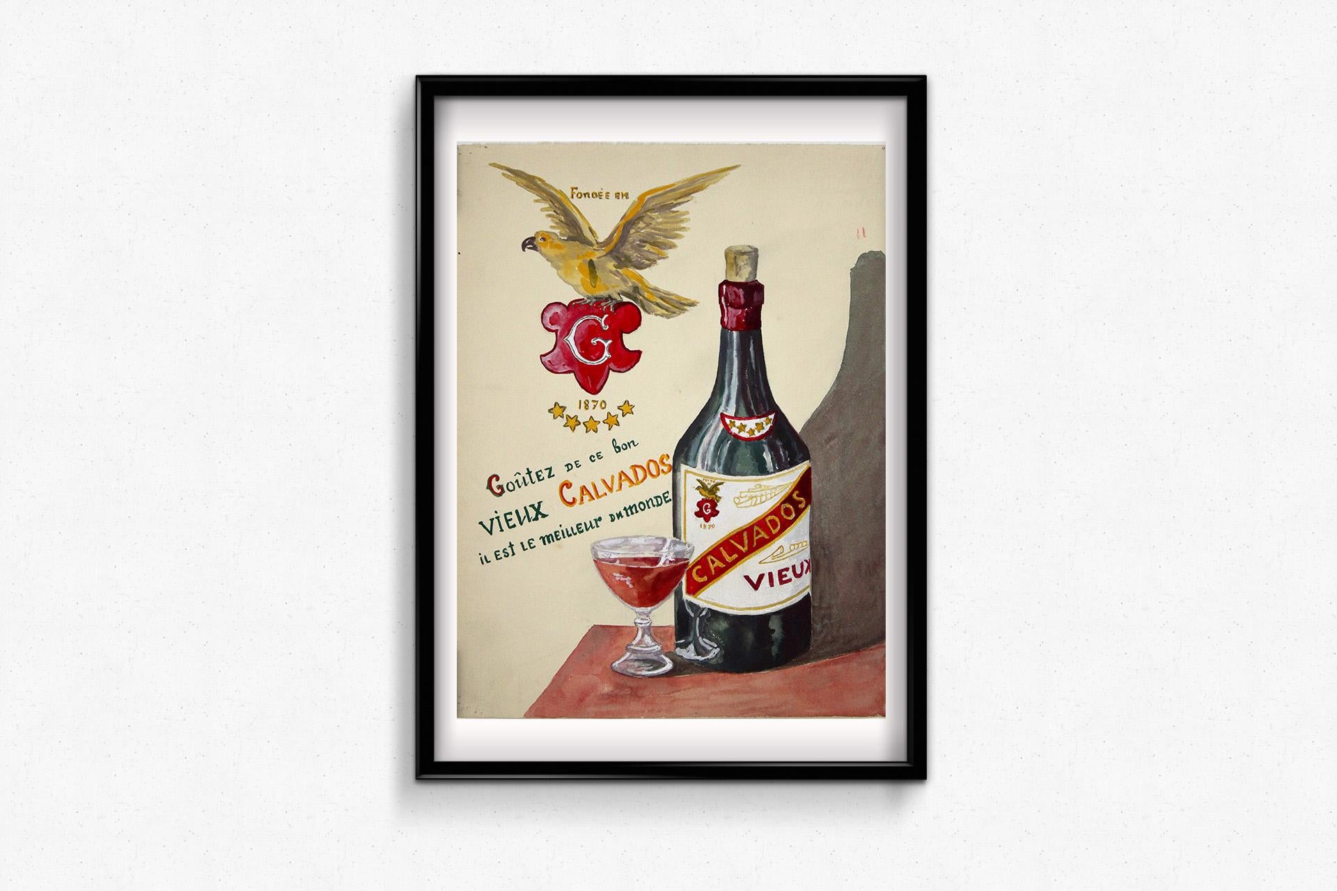 circa 1940 original painting for Calvados, the famous apple brandy from Normandy For Sale 2