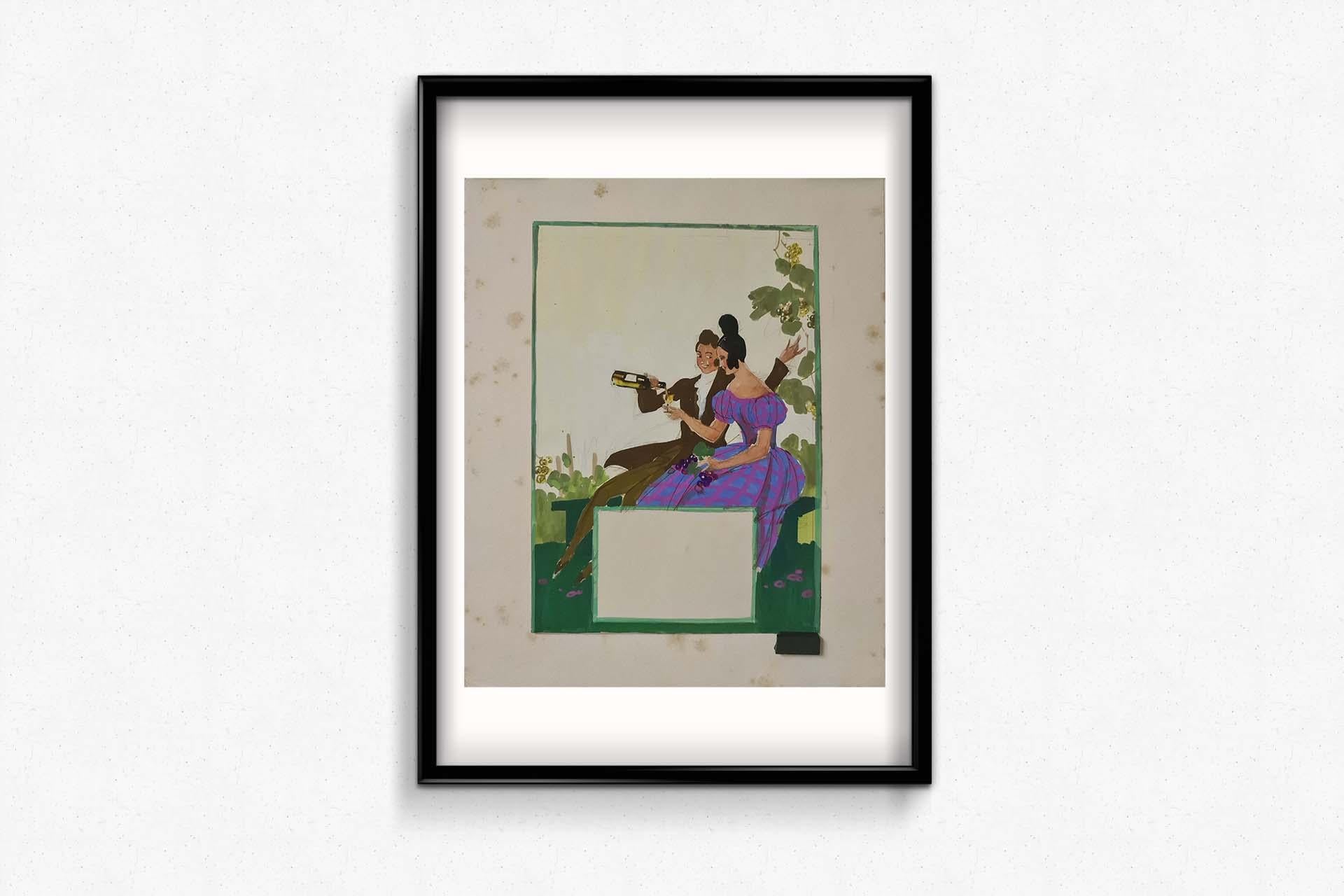 Cette gouache datant d'environ 1950 présente une scène de dégustation de vin, probablement destinée à un projet d'affiche. Elle capture un groupe engagé dans la conversation et le plaisir, reflétant la convivialité de ces rencontres. Avec des