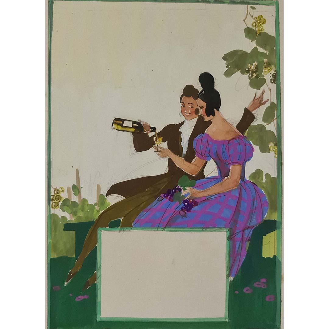 Circa 1950 gouache presents a scene of wine tasting For Sale 1