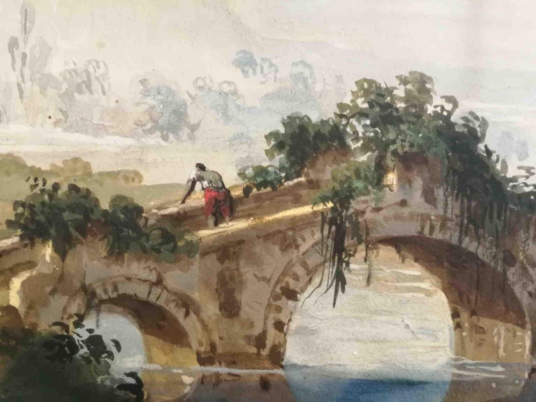 Circle of P G Palmieri Italian River Landscape 18 century watercolor paper - Other Art Style Art by Pietro Giacomo Palmieri
