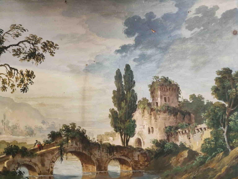 This drawing, watercolor on paper (29 x 35 cm, 37 x 43.5 without frame), depicts a landscape with a river and a bridge, also the ruins of a building covered by the climbing vegetation. A person is crossing, looking at the water.
It can be ascribe to
