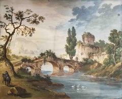 Circle of P G Palmieri Italian River Landscape 18 century watercolor paper