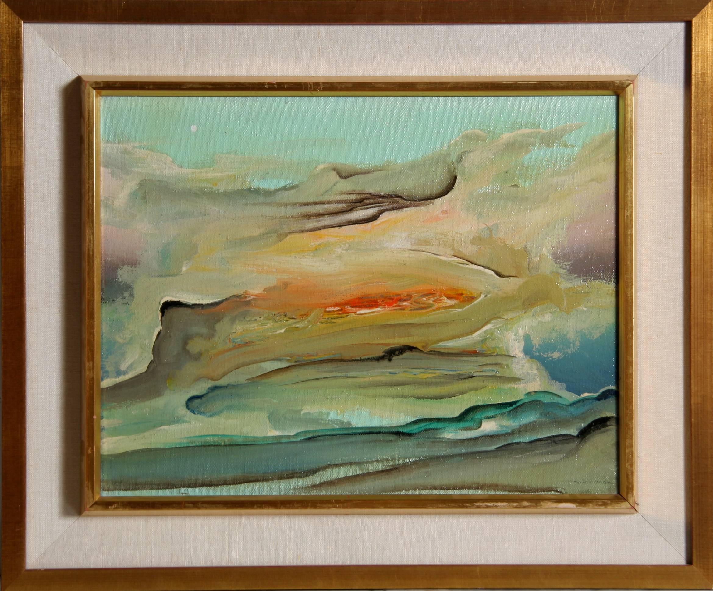 Abstract Painting di Unknown - Città in fiamme, dipinto astratto di paesaggio olio su tela
