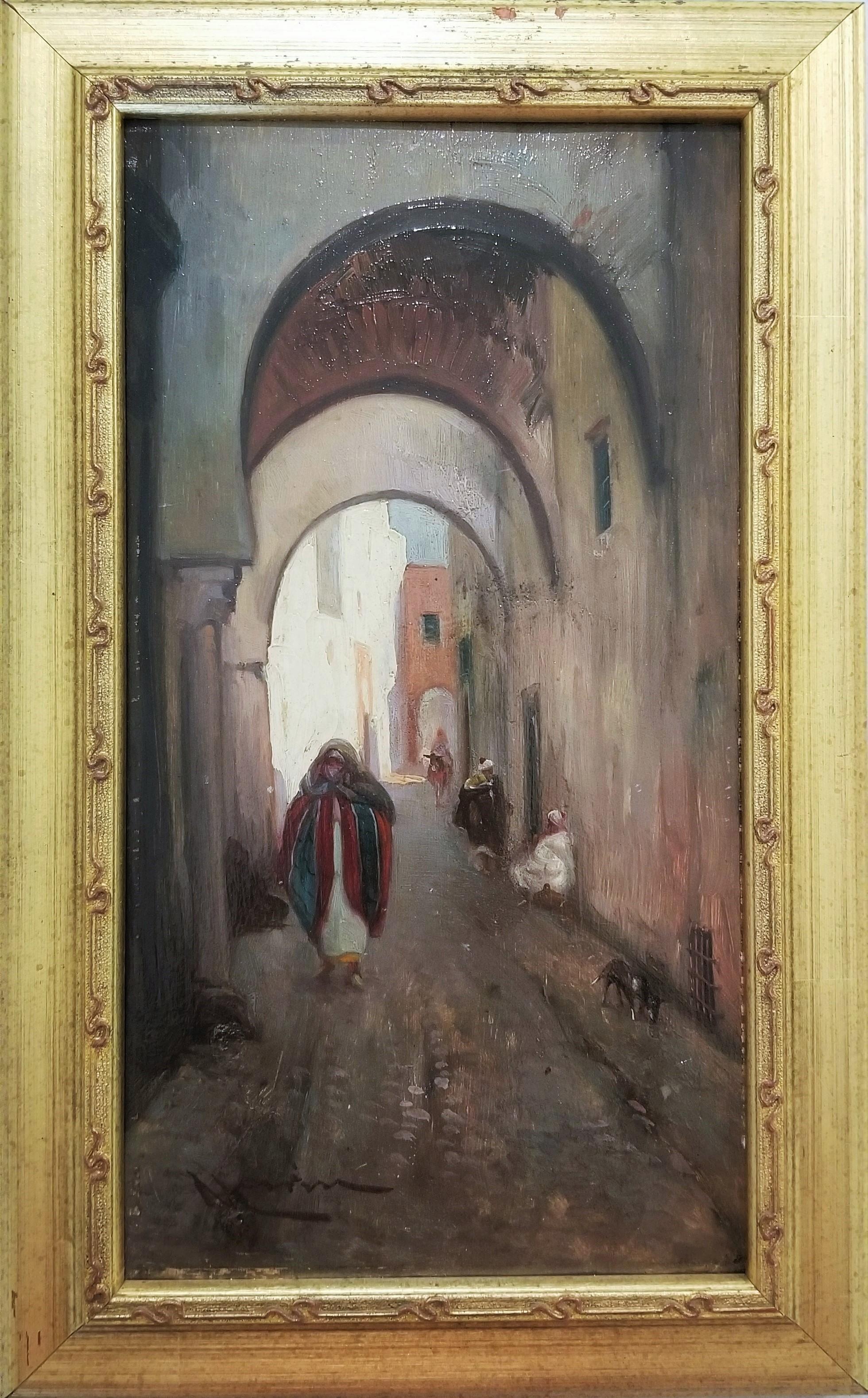 City Street Scene, Damascus, Syria /// Orientalist Oil Painting Middle East - Gray Figurative Painting by Unknown