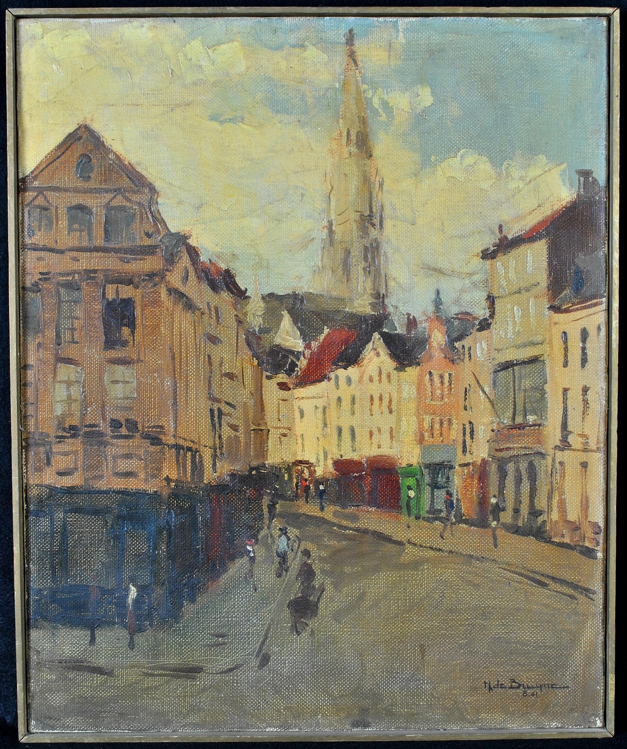 Unknown Landscape Painting - City Street View - Mid 20th Century Belgian Impressionist Oil on Canvas Painting