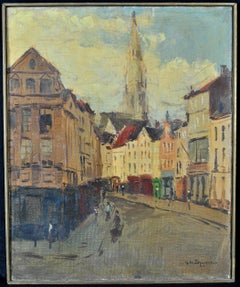 City Street View - Mid 20th Century Belgian Impressionist Oil on Canvas Painting