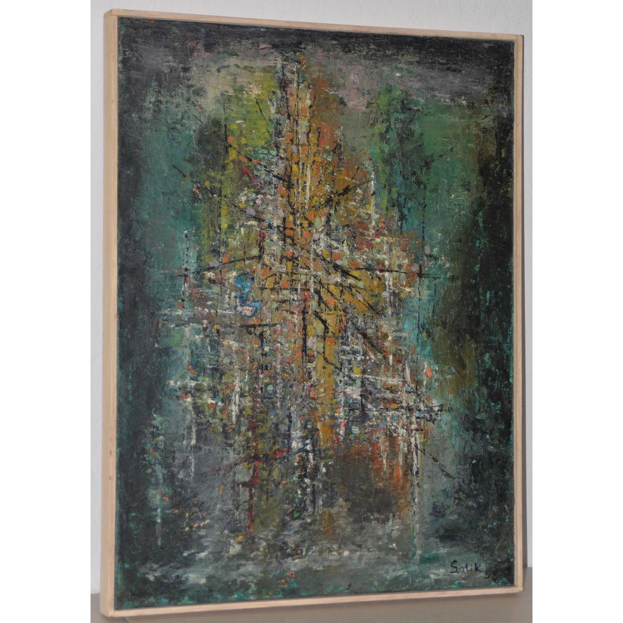 Classic Mid Century Modern Abstract Painting by Solik c.1959

Fine abstract oil painting signed Solik and dated 1959.

The painting is created with oils on canvas. The painting is bright, bold and full of texture.

Canvas dimensions 18