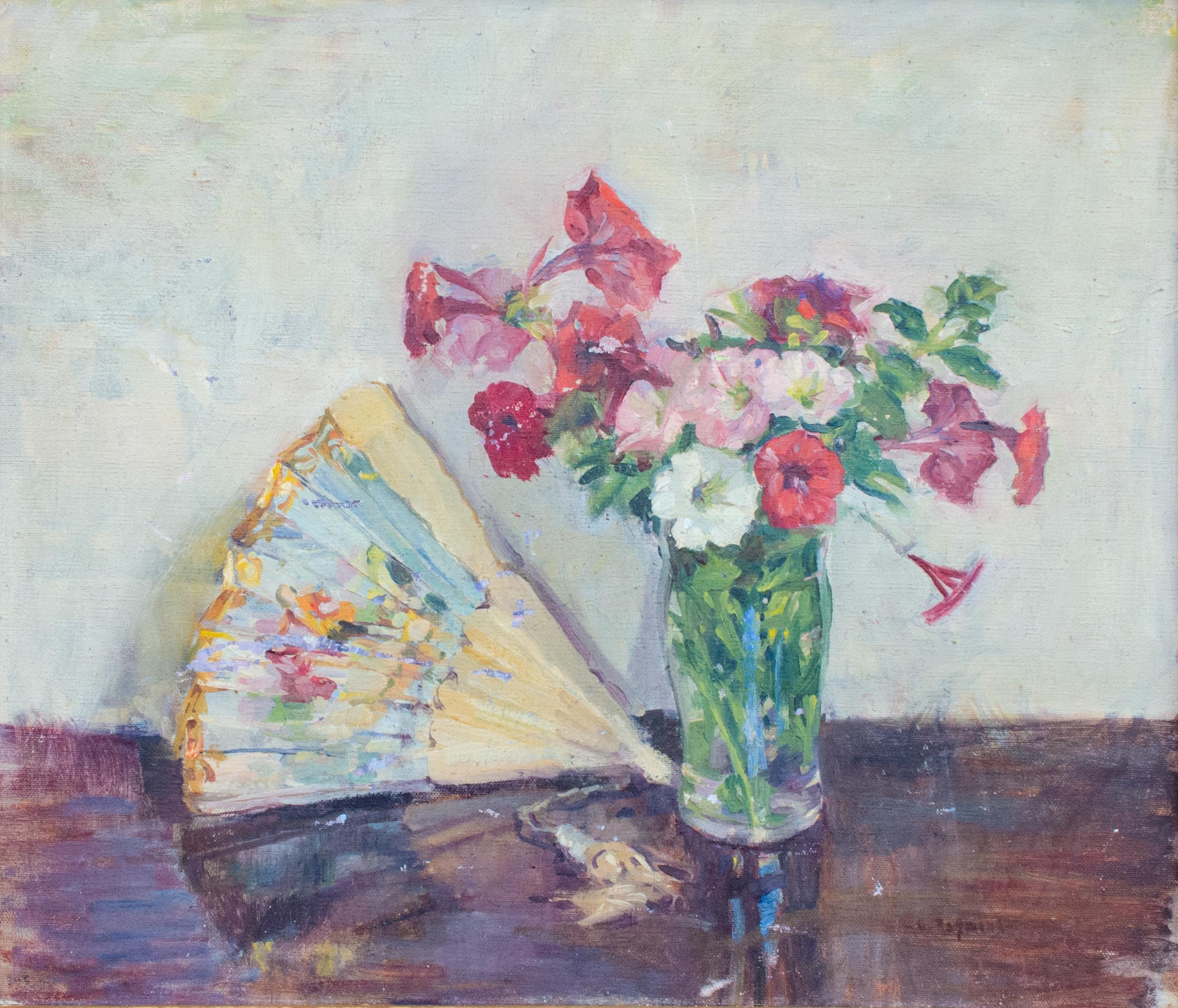 Classic Still Life with Fan and Flowers - Painting by Unknown