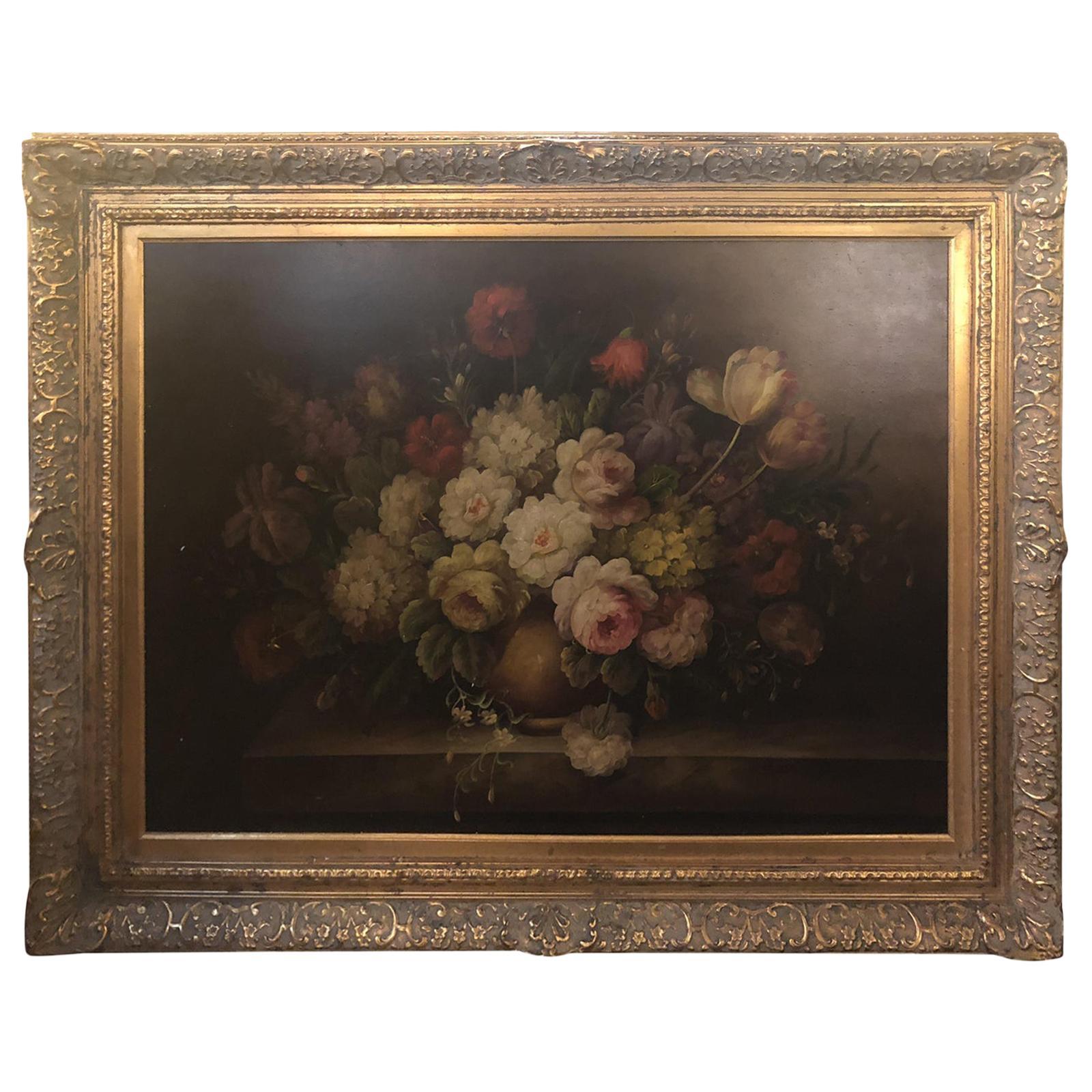 1980s oil on canvas flower vase still life painting

A  stunning large  still life oil on canvas painting of monumental flowers vase after Roger Godchaux ( French, 1878- 1958). The painting features an antique custom made gilt wood frame