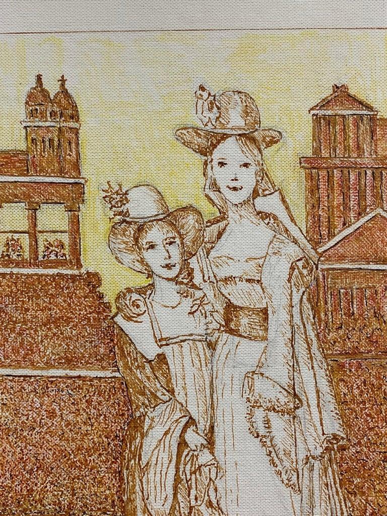 Classical French Figures in City -1950's French Modernist Cubist Painting Signed - Beige Figurative Painting by Unknown